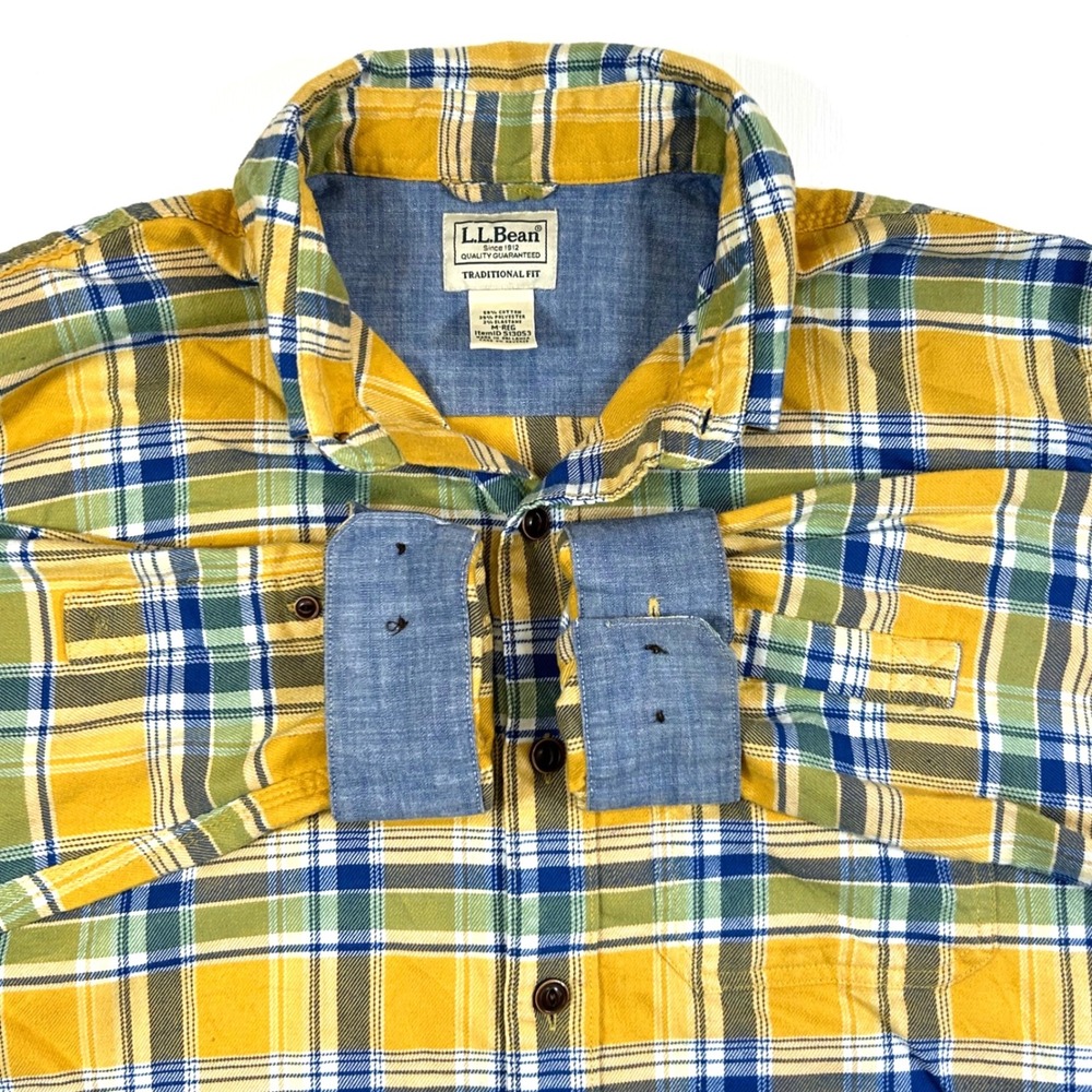 LL Bean Mens Traditional Fit Plaid Button Down Shirt Yellow Green Blue 513053 M
